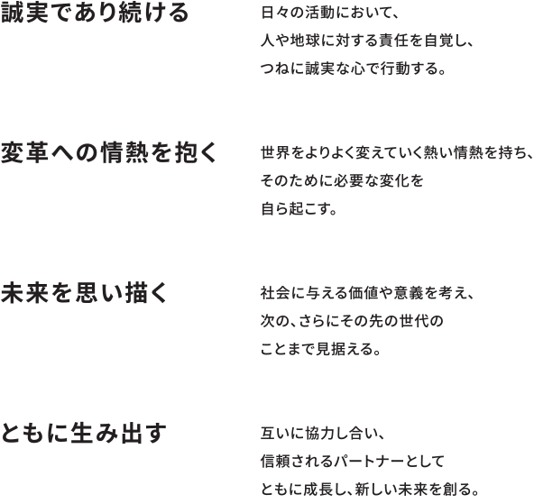 「誠実であり続ける」日々の活動において、人や地球に対する責任を自覚し、つねに誠実な心で行動する。／「変革への情熱を抱く」世界をよりよく変えていく熱い情熱を持ち、そのために必要な変化を自ら起こす。／「未来を思い描く」社会に与える価値や意義を考え、次の、さらにその先の世代ことまで見据える。／「ともに生み出す  互いに協力し合い、信頼されるパートナーとしてともに成長し、新しい未来を創る。